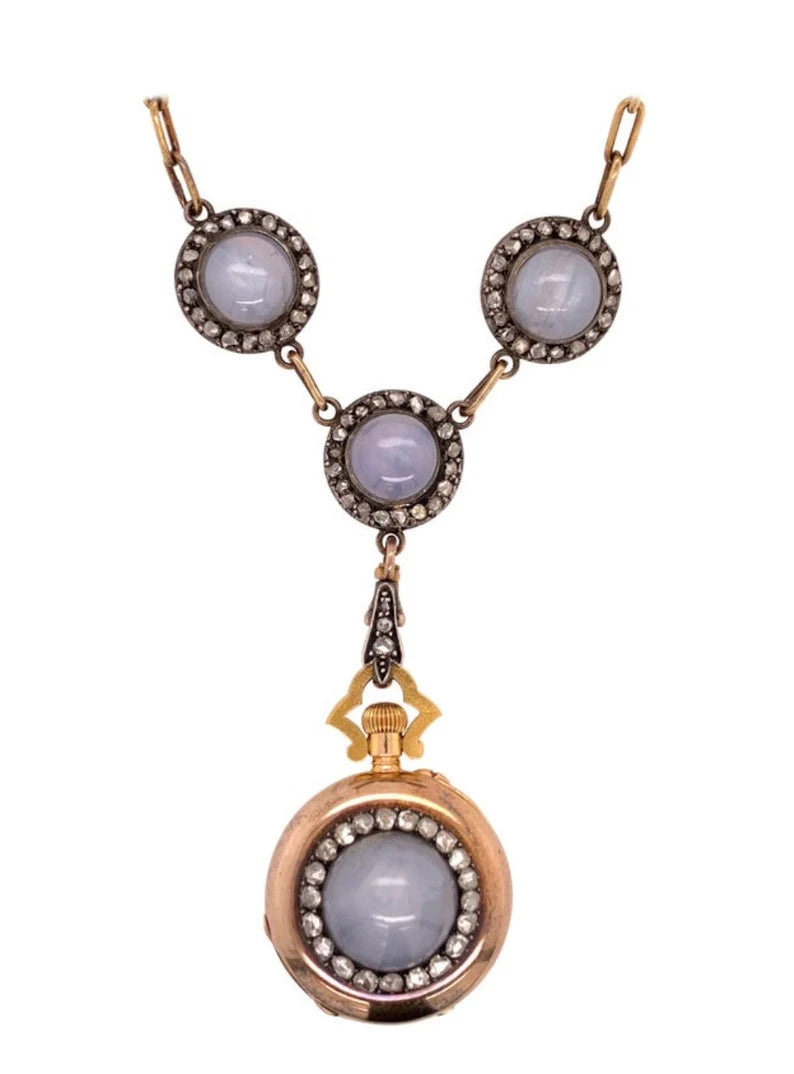 Original Boucheron Star Sapphire and Diamond Gold Necklace Circa 1900 with Clock