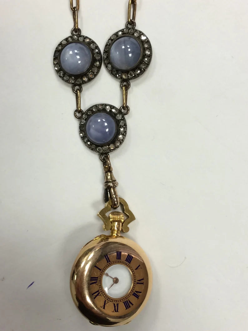 Original Boucheron Star Sapphire and Diamond Gold Necklace Circa 1900 with Clock