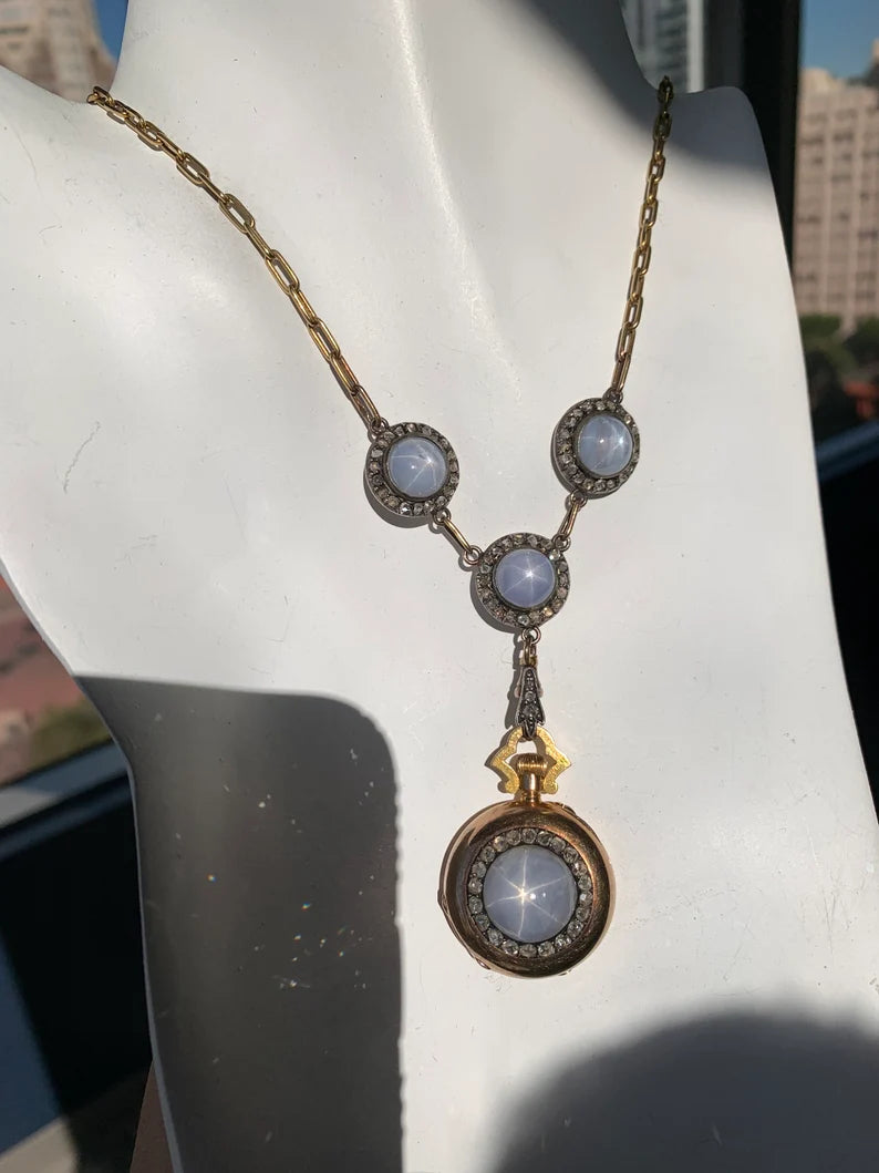 Original Boucheron Star Sapphire and Diamond Gold Necklace Circa 1900 with Clock