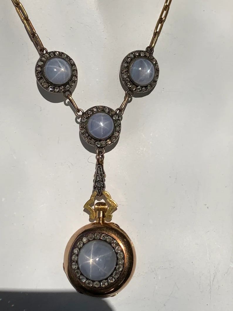 Original Boucheron Star Sapphire and Diamond Gold Necklace Circa 1900 with Clock