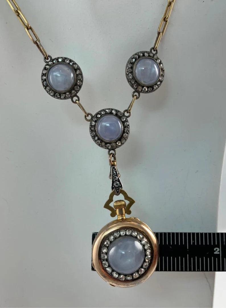 Original Boucheron Star Sapphire and Diamond Gold Necklace Circa 1900 with Clock