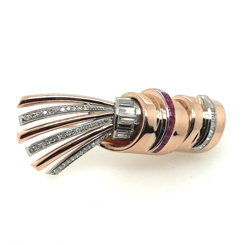 Art Deco 2 Carat Natural Diamond & Burmese Ruby Rose Gold Pin Pendant Circa 1940