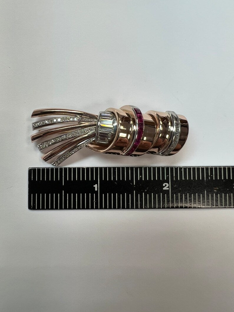 Art Deco 2 Carat Natural Diamond & Burmese Ruby Rose Gold Pin Pendant Circa 1940