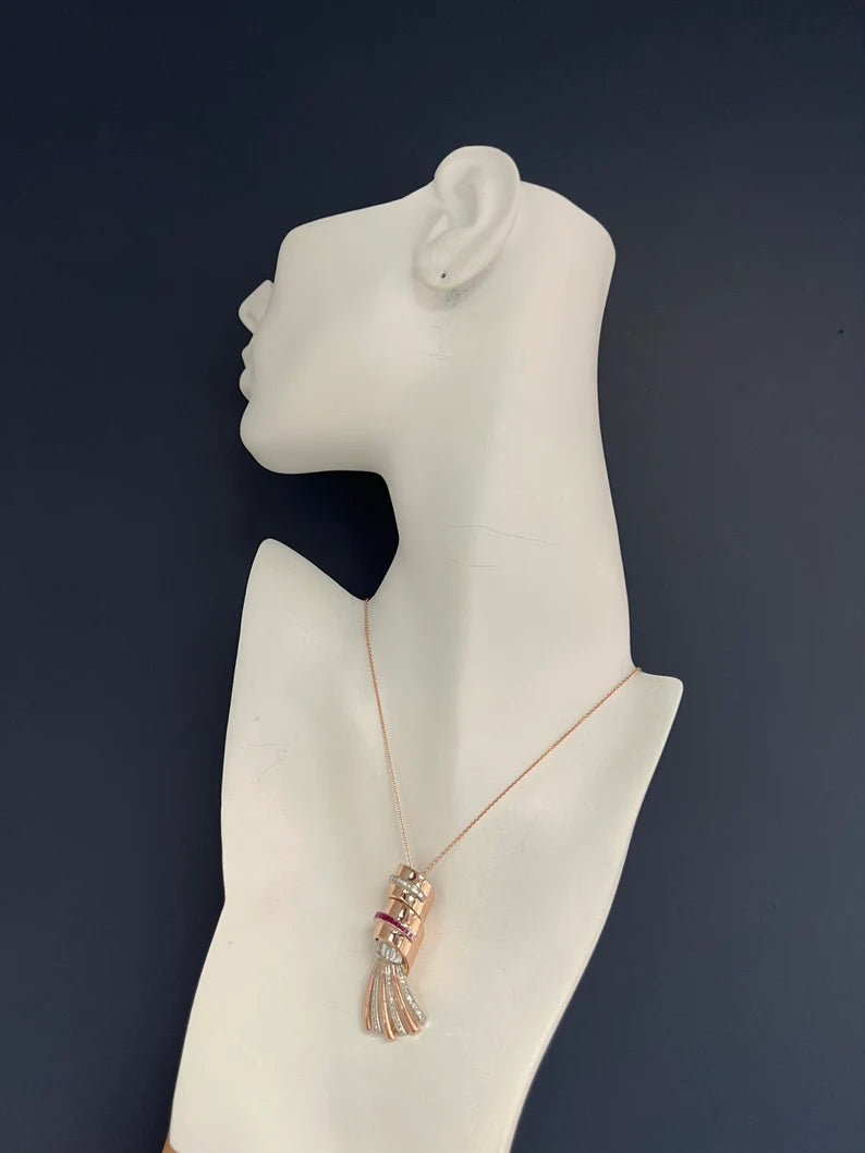 Art Deco 2 Carat Natural Diamond & Burmese Ruby Rose Gold Pin Pendant Circa 1940