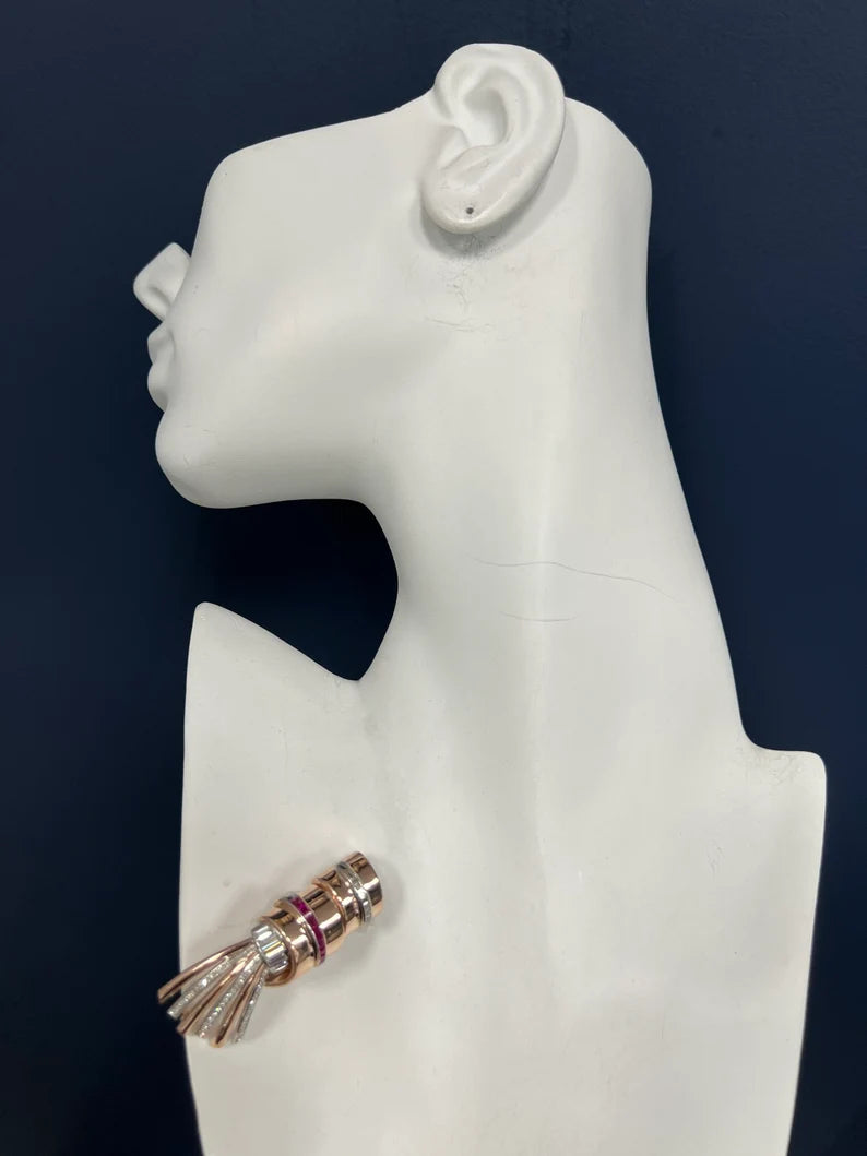 Art Deco 2 Carat Natural Diamond & Burmese Ruby Rose Gold Pin Pendant Circa 1940