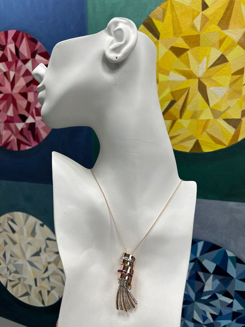 Art Deco 2 Carat Natural Diamond & Burmese Ruby Rose Gold Pin Pendant Circa 1940