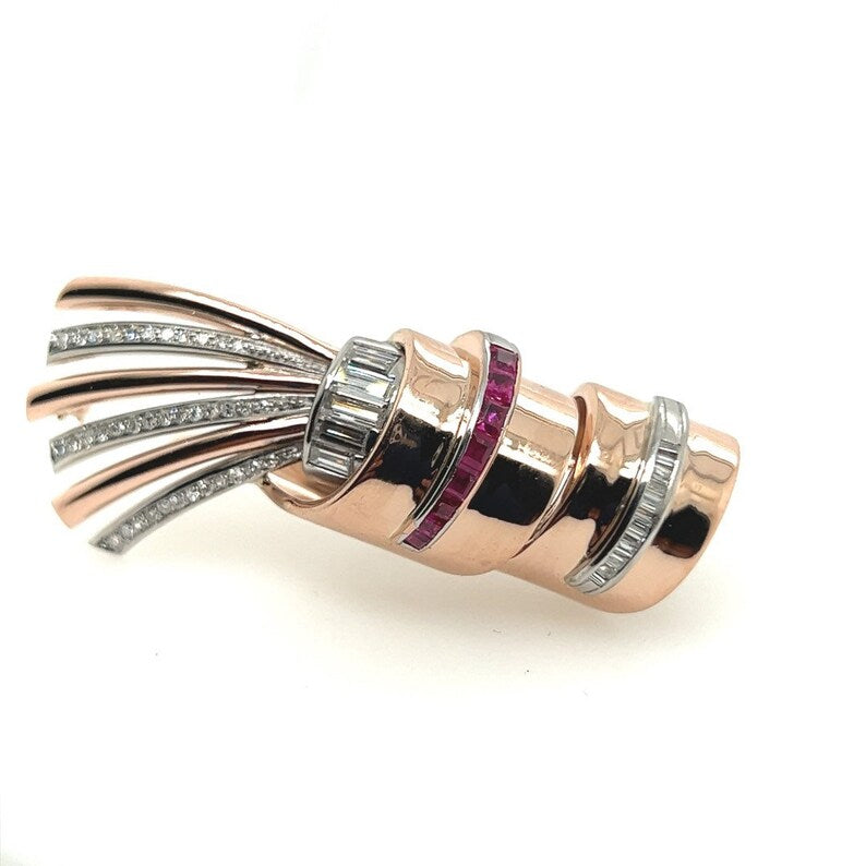 Art Deco 2 Carat Natural Diamond & Burmese Ruby Rose Gold Pin Pendant Circa 1940