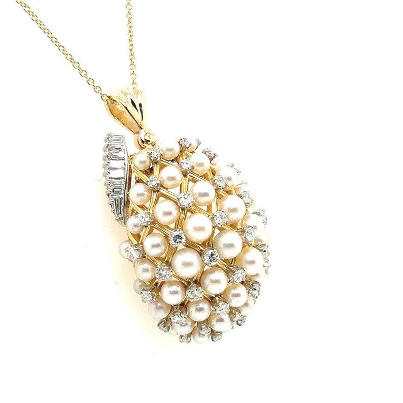 Retro Gold 2.2 Carat Natural Colorless Diamond & Pearl Pendant Brooch Circa 1960