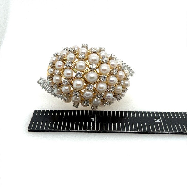 Retro Gold 2.2 Carat Natural Colorless Diamond & Pearl Pendant Brooch Circa 1960