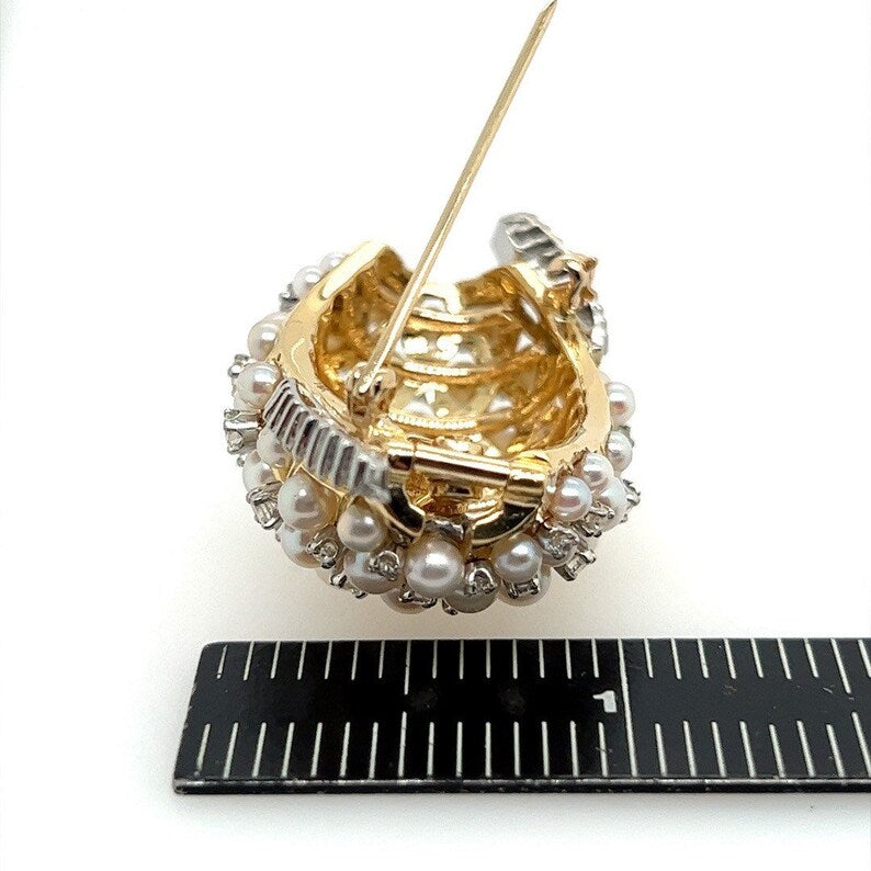 Retro Gold 2.2 Carat Natural Colorless Diamond & Pearl Pendant Brooch Circa 1960