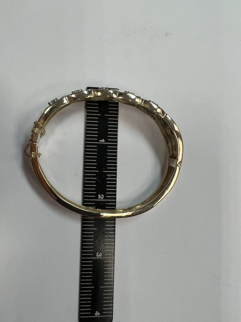Retro Gold 0.75 Carat Natural Single Cut Diamond & Blue Enamel Bangle Circa 1960