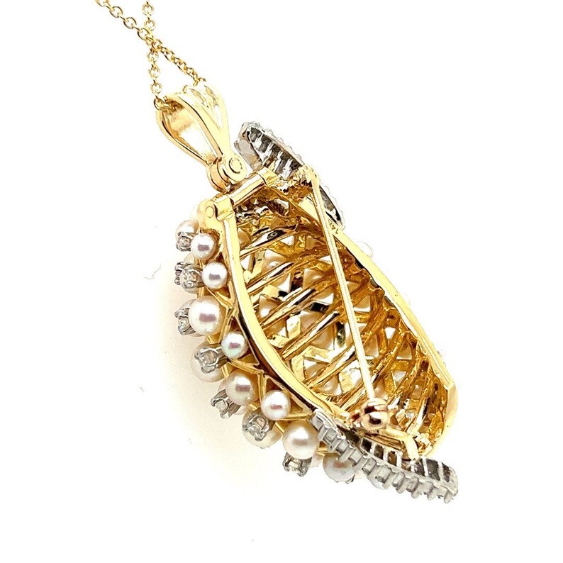 Retro Gold 2.2 Carat Natural Colorless Diamond & Pearl Pendant Brooch Circa 1960