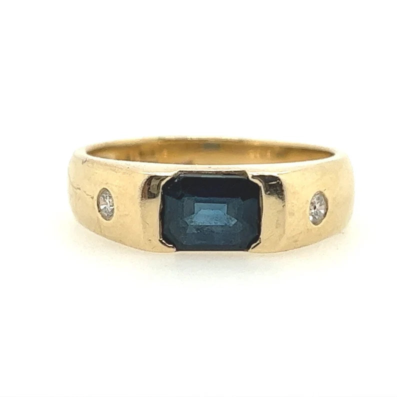 Retro Gold 1.31 Carat Natural Diamond and Blue Sapphire Cocktail Ring Circa 1980