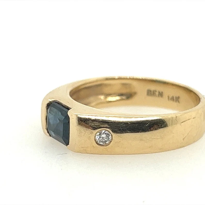 Retro Gold 1.31 Carat Natural Diamond and Blue Sapphire Cocktail Ring Circa 1980