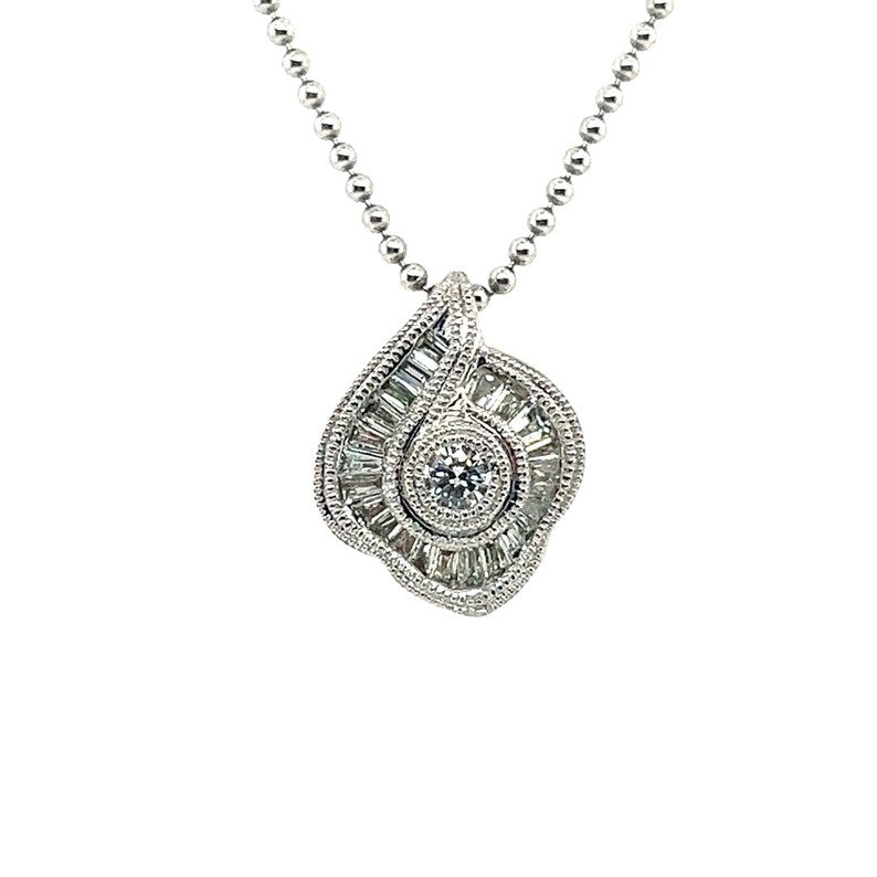 Modern Platinum 0.75 Carat Natural Round & Baguette Diamond Pendant Necklace