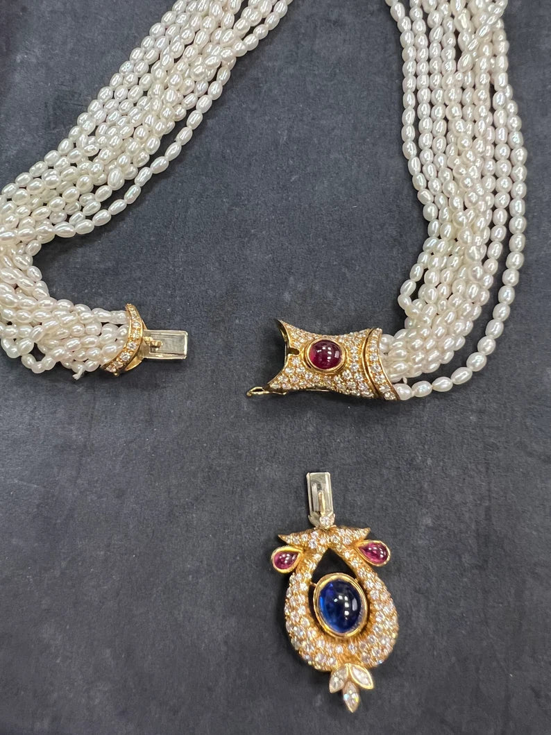 GIA Certified 14 Carat Natural Diamond and Blue Sapphire Cab Necklace Circa 1950