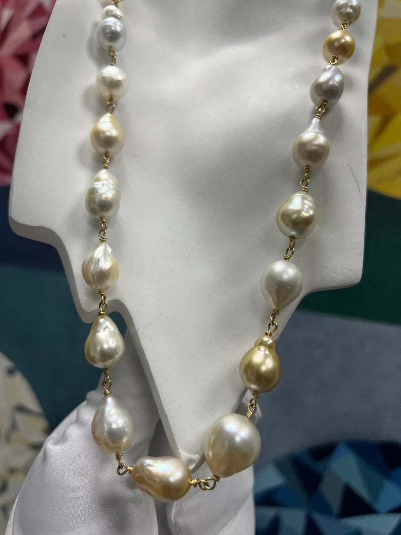 JKa Australian South Sea Multi-Color 9-14mm Baroque Pearl 27 Inch Gold Necklace