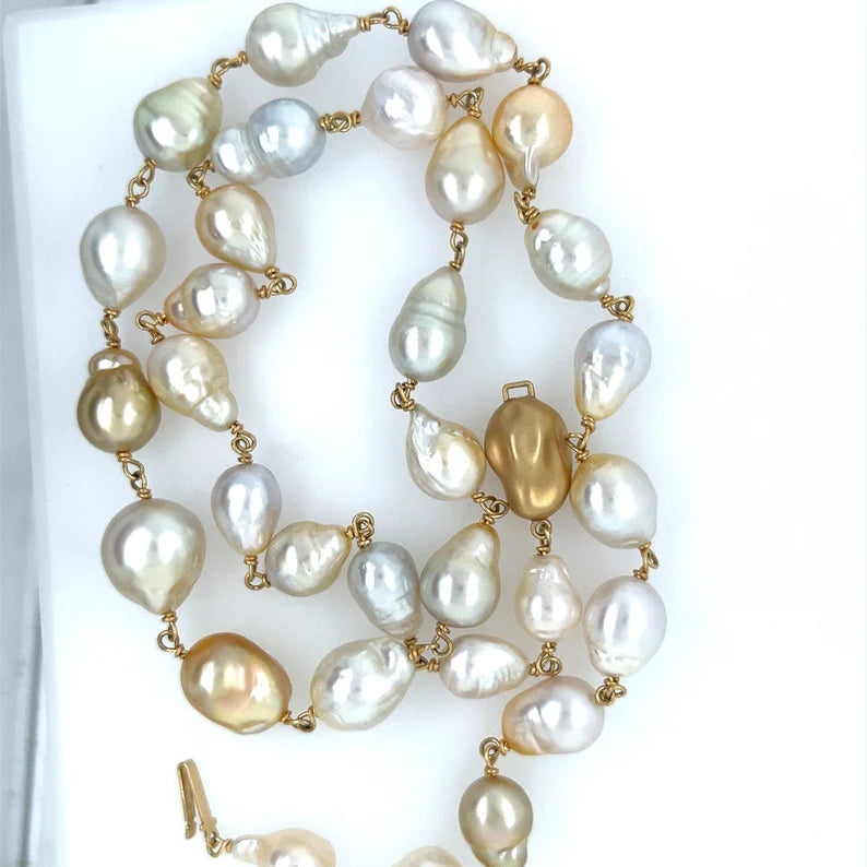 JKa Australian South Sea Multi-Color 9-14mm Baroque Pearl 27 Inch Gold Necklace