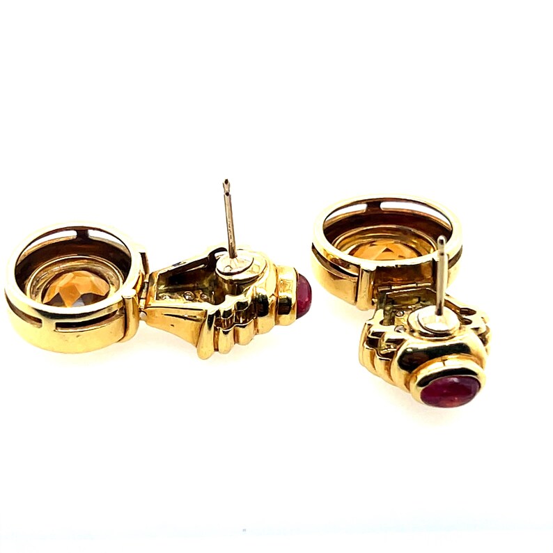 Retro Gold 6 Carat Natural Diamond, Rubellite Cab & Citrine Earrings Circa  1980