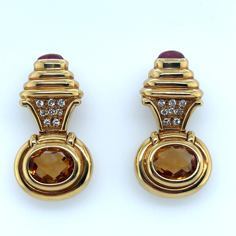 Retro Gold 6 Carat Natural Diamond, Rubellite Cab & Citrine Earrings Circa  1980