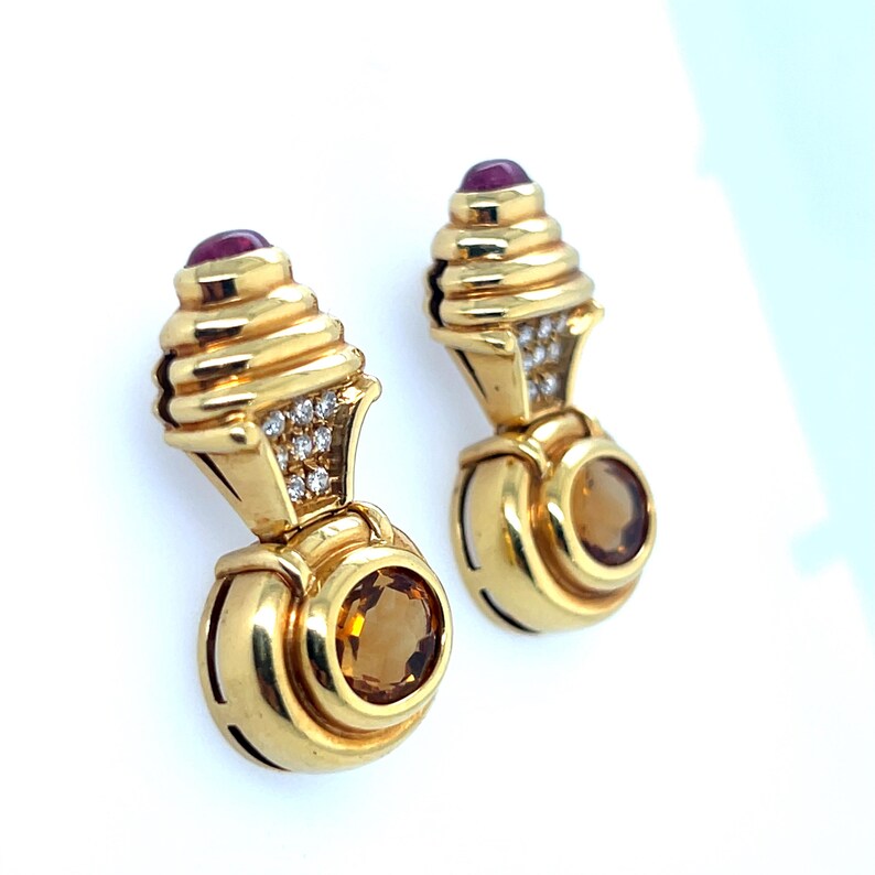 Retro Gold 6 Carat Natural Diamond, Rubellite Cab & Citrine Earrings Circa  1980