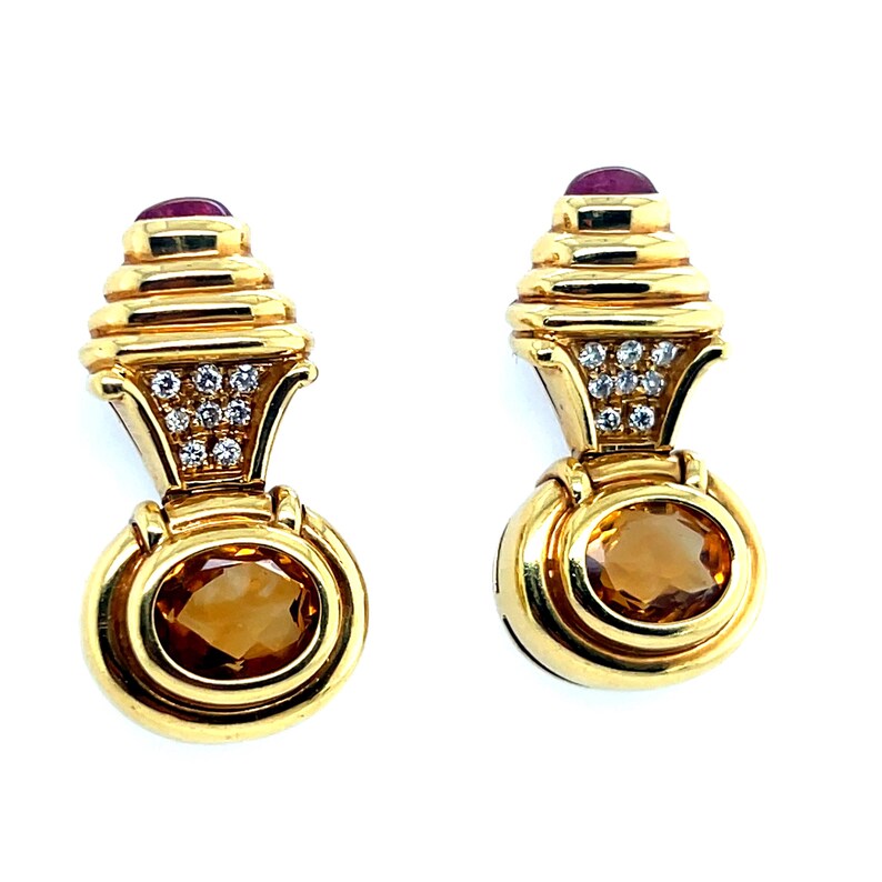 Retro Gold 6 Carat Natural Diamond, Rubellite Cab & Citrine Earrings Circa  1980