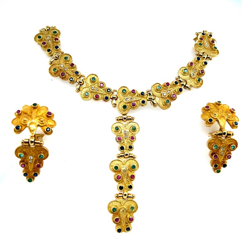 Retro Gold Full Set 9.40 Carat Natural Multi Color Gemstone & Diamond Circa 1980