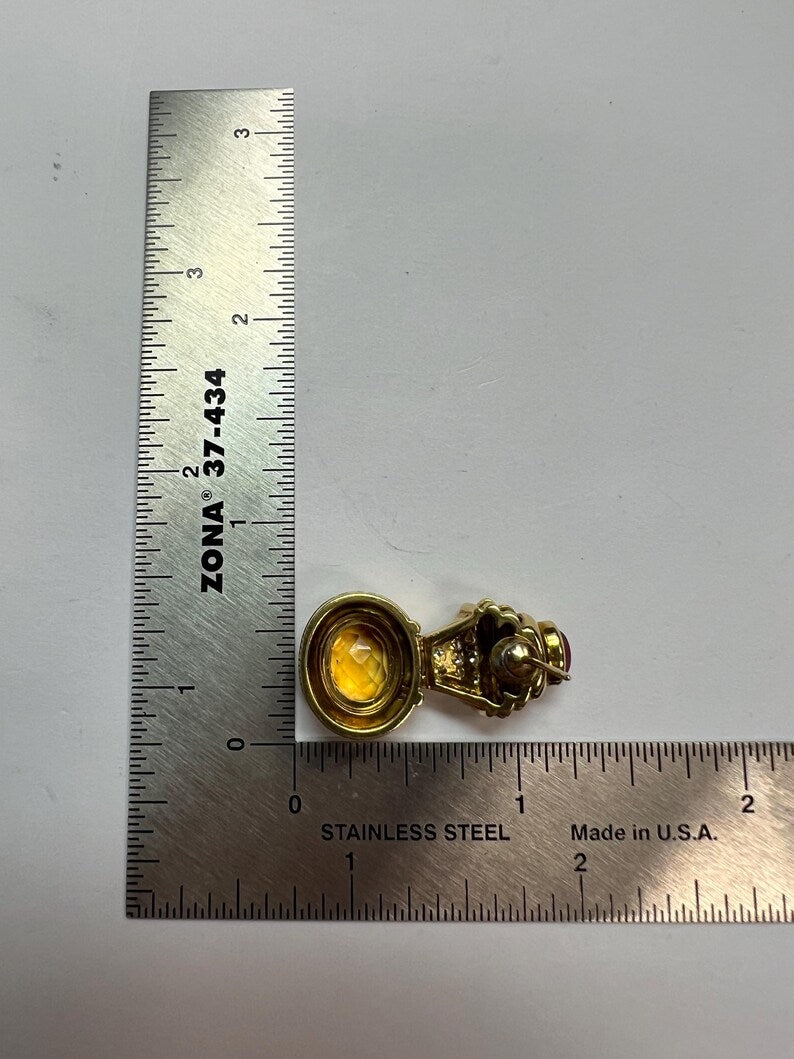 Retro Gold 6 Carat Natural Diamond, Rubellite Cab & Citrine Earrings Circa  1980