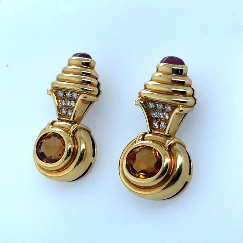 Retro Gold 6 Carat Natural Diamond, Rubellite Cab & Citrine Earrings Circa  1980