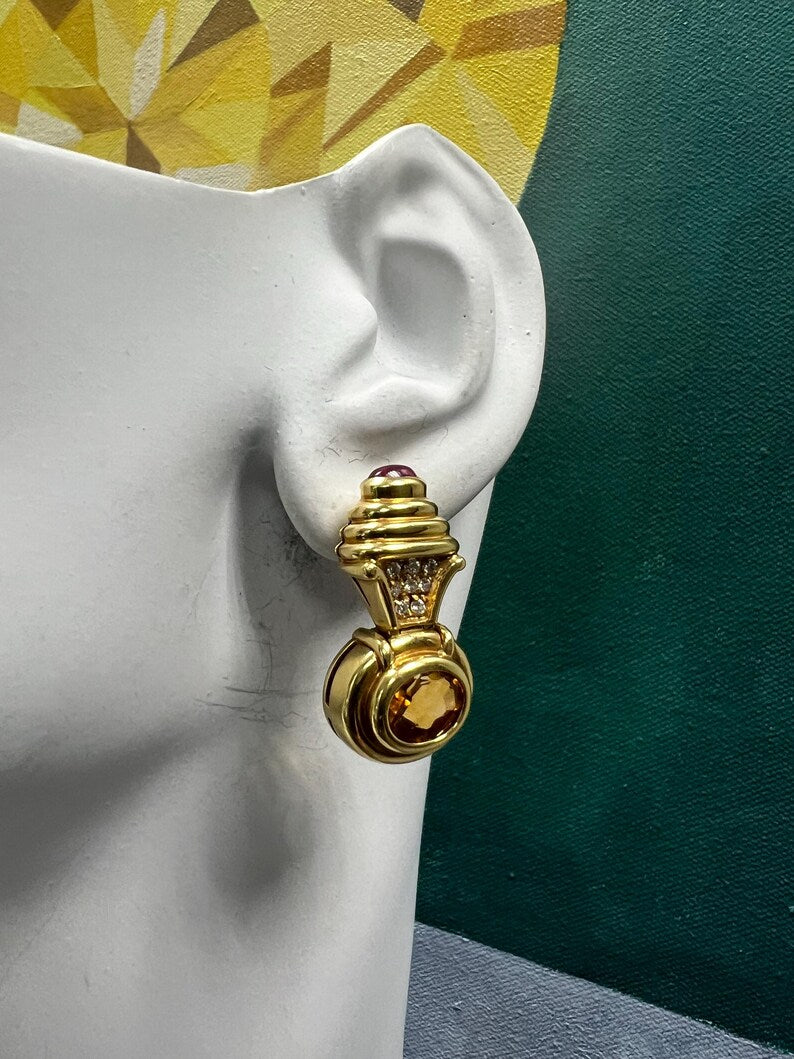Retro Gold 6 Carat Natural Diamond, Rubellite Cab & Citrine Earrings Circa  1980