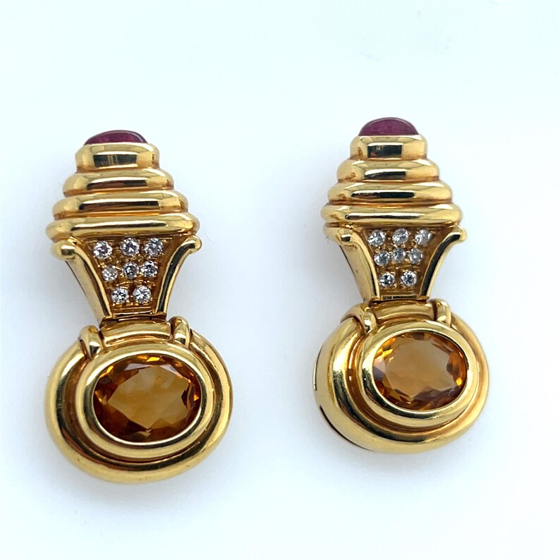 Retro Gold 6 Carat Natural Diamond, Rubellite Cab & Citrine Earrings Circa  1980