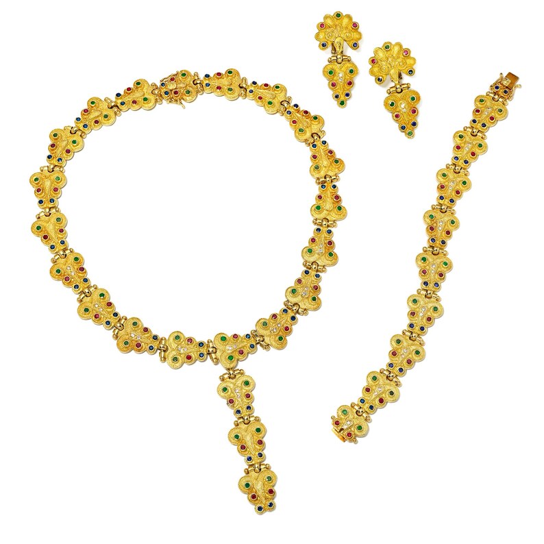 Retro Gold Full Set 9.40 Carat Natural Multi Color Gemstone & Diamond Circa 1980
