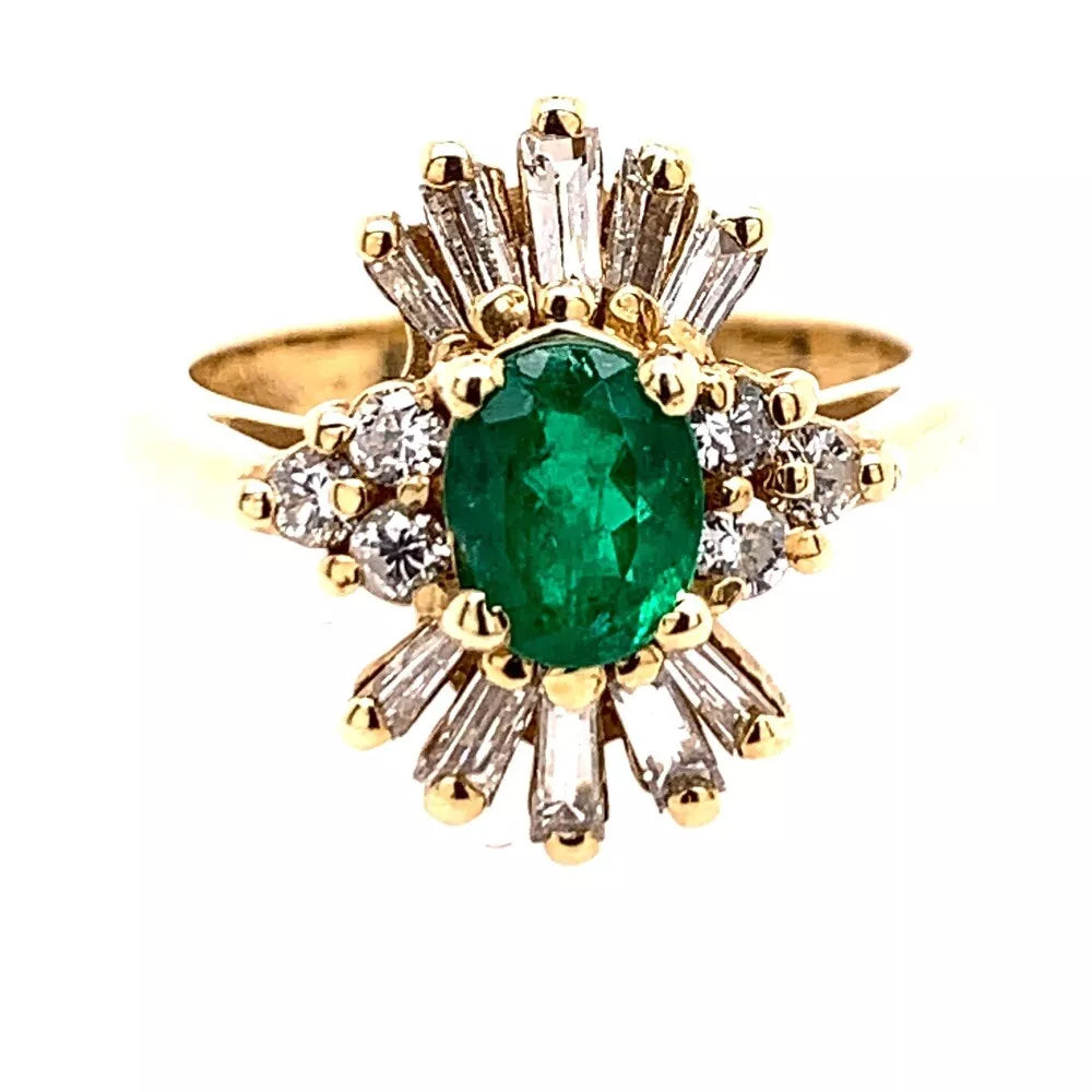 1.30 Carat Retro Gold Ring Natural Oval Green Emerald Gemstone & Diamond 1980