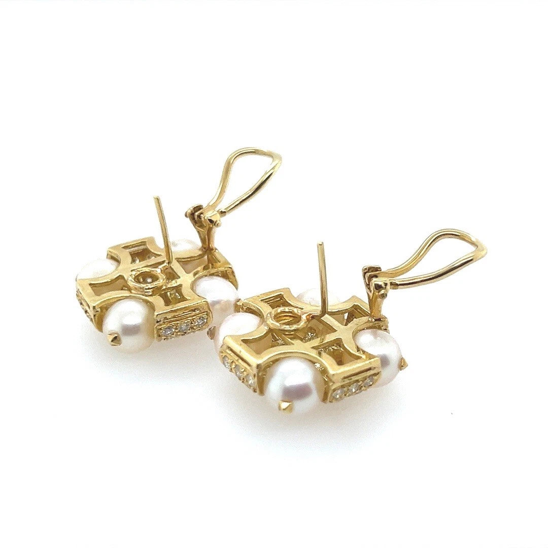 Retro Gold 3 Carat Natural Colorless Diamond and Akoya Pearl Earrings Circa 1980