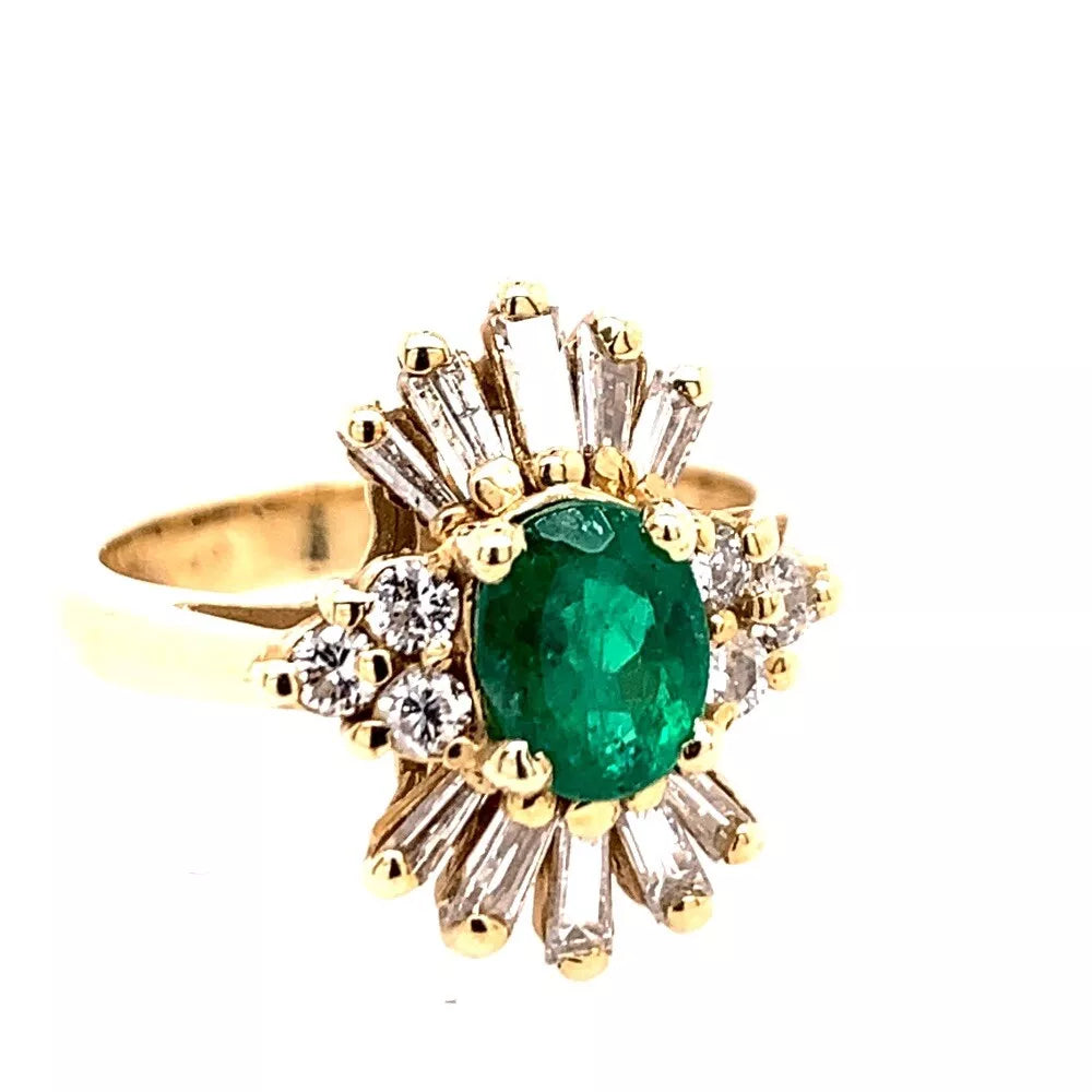 1.30 Carat Retro Gold Ring Natural Oval Green Emerald Gemstone & Diamond 1980