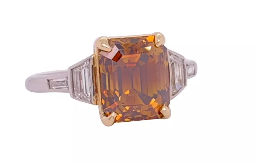 Platinum Natural Emerald Cut Diamond Ring GIA 3.37 Carat Fancy Deep Orange-Brown