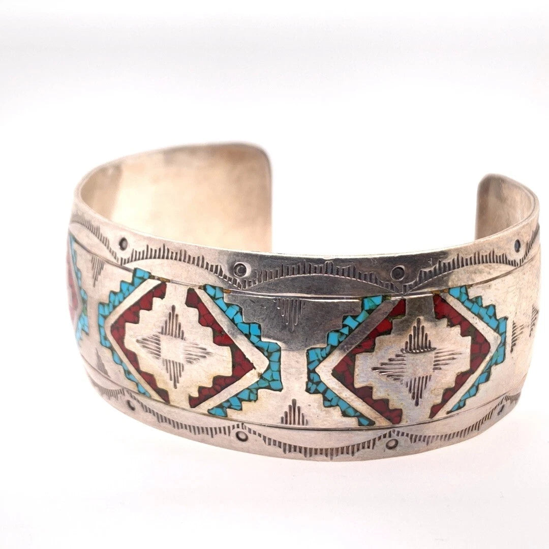 Vintage Native HB Henry Baca Sterling Silver 925 Cuff 6” Inner 42g Turquoise Gem