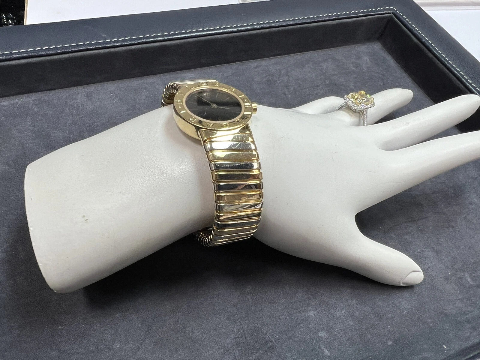 Modern BVLGARI White/Yellow Gold Tubogas Open Flex Cuff Quartz Lady 23mm Watch