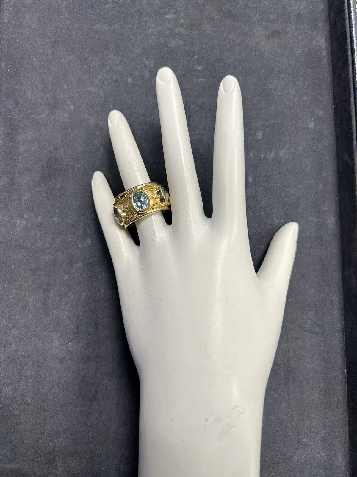 Retro Gold Signed Christoff Natural Swiss Blue Topaz Diamond Cocktail Band Ring