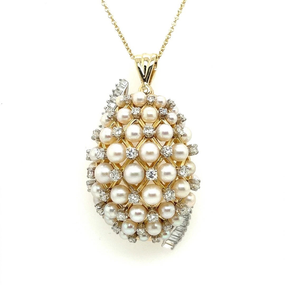 Retro Gold 2.2 Carat Natural Colorless Diamond & Pearl Pendant Brooch Circa 1960