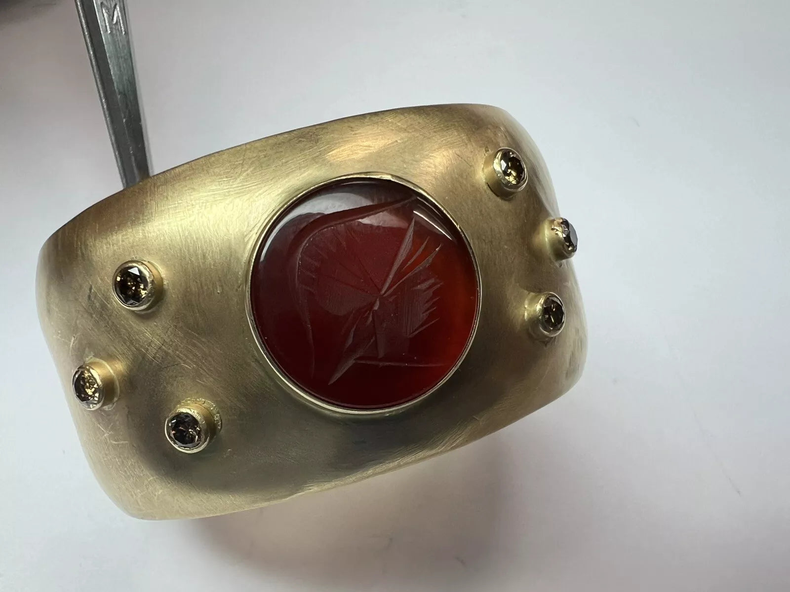 Retro Gold One Carat Natural Brown Diamond Roman Carnelian Intaglio Bangle Cuff