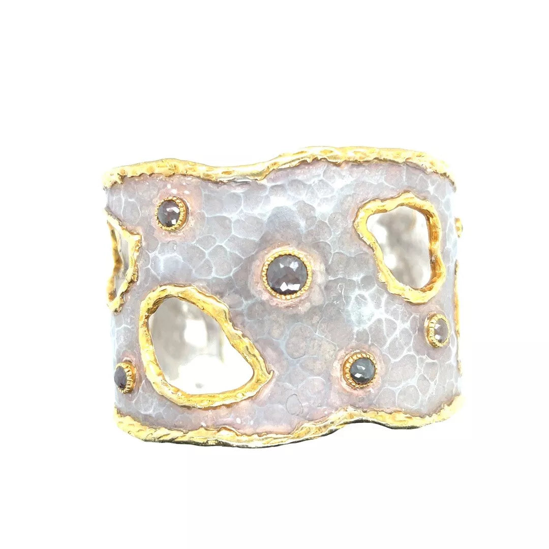 Retro 22k Gold & 925 Silver 3 Carat Appx Natural Rose Cut Diamond Cuff Bangle