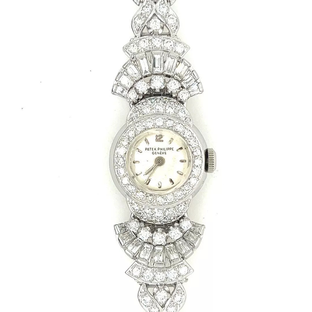 Retro Ladies Platinum Patek Philippe 11 Carat Diamond Watch & Brooche Circa 1950