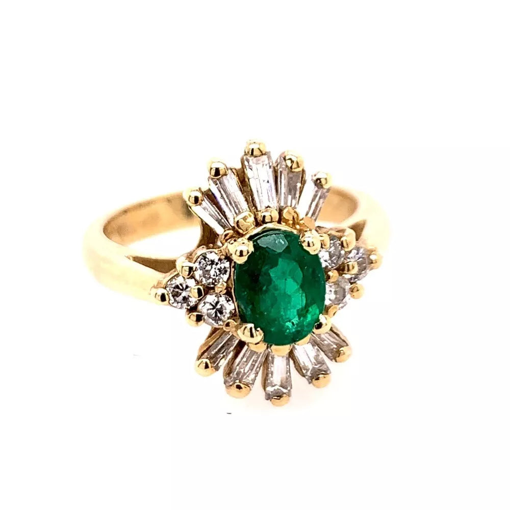 1.30 Carat Retro Gold Ring Natural Oval Green Emerald Gemstone & Diamond 1980