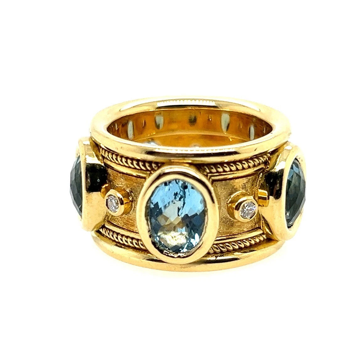 Retro Gold Signed Christoff Natural Swiss Blue Topaz Diamond Cocktail Band Ring