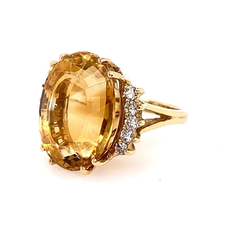16.9 Carat Retro Gold Cocktail Ring Natural Diamond & Citrine Quartz Circa 1970