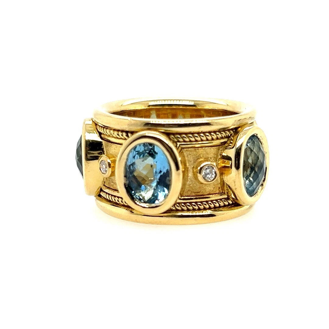 Retro Gold Signed Christoff Natural Swiss Blue Topaz Diamond Cocktail Band Ring