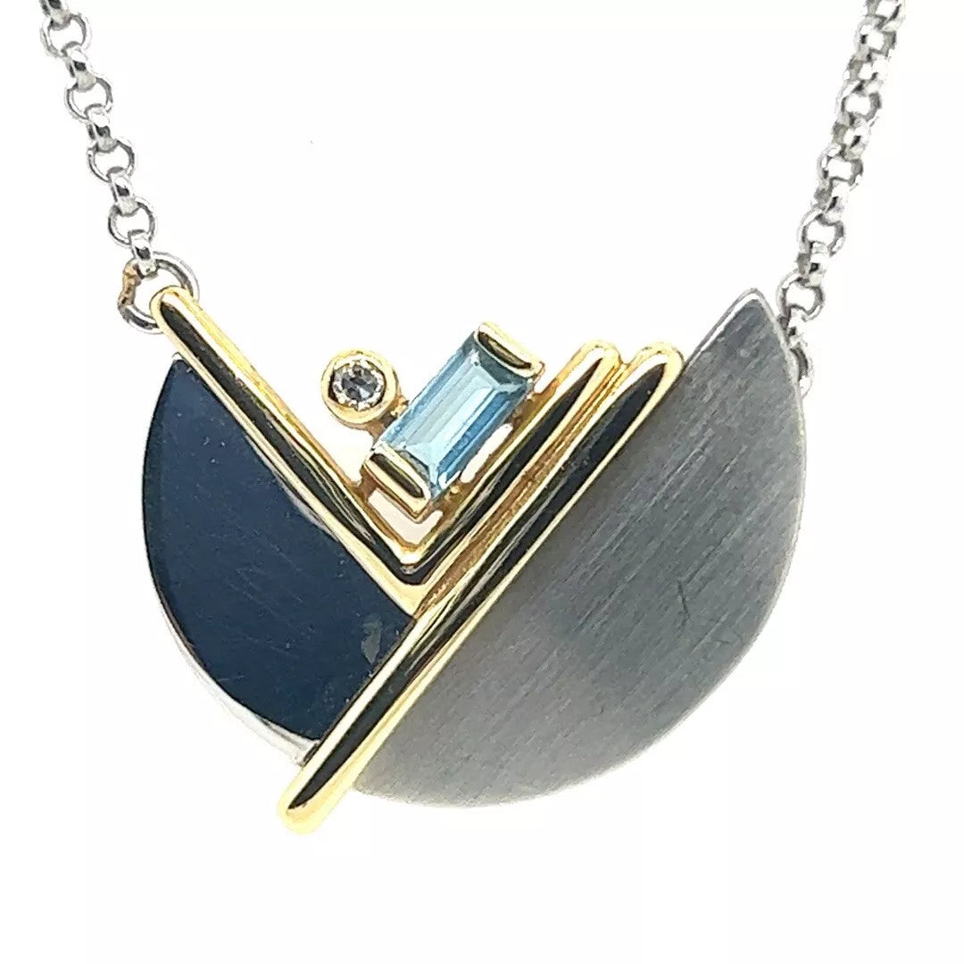 Art Deco Two Tone Gold Natural Diamond & Blue Topaz  Pendant Necklace Circa 1960