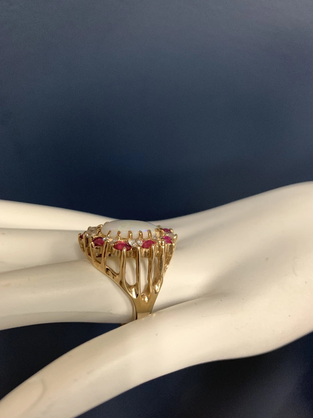 Retro Gold Ring Approx 6.22 Carat Natural Opal Diamond Ruby Gem Stone Circa 1960