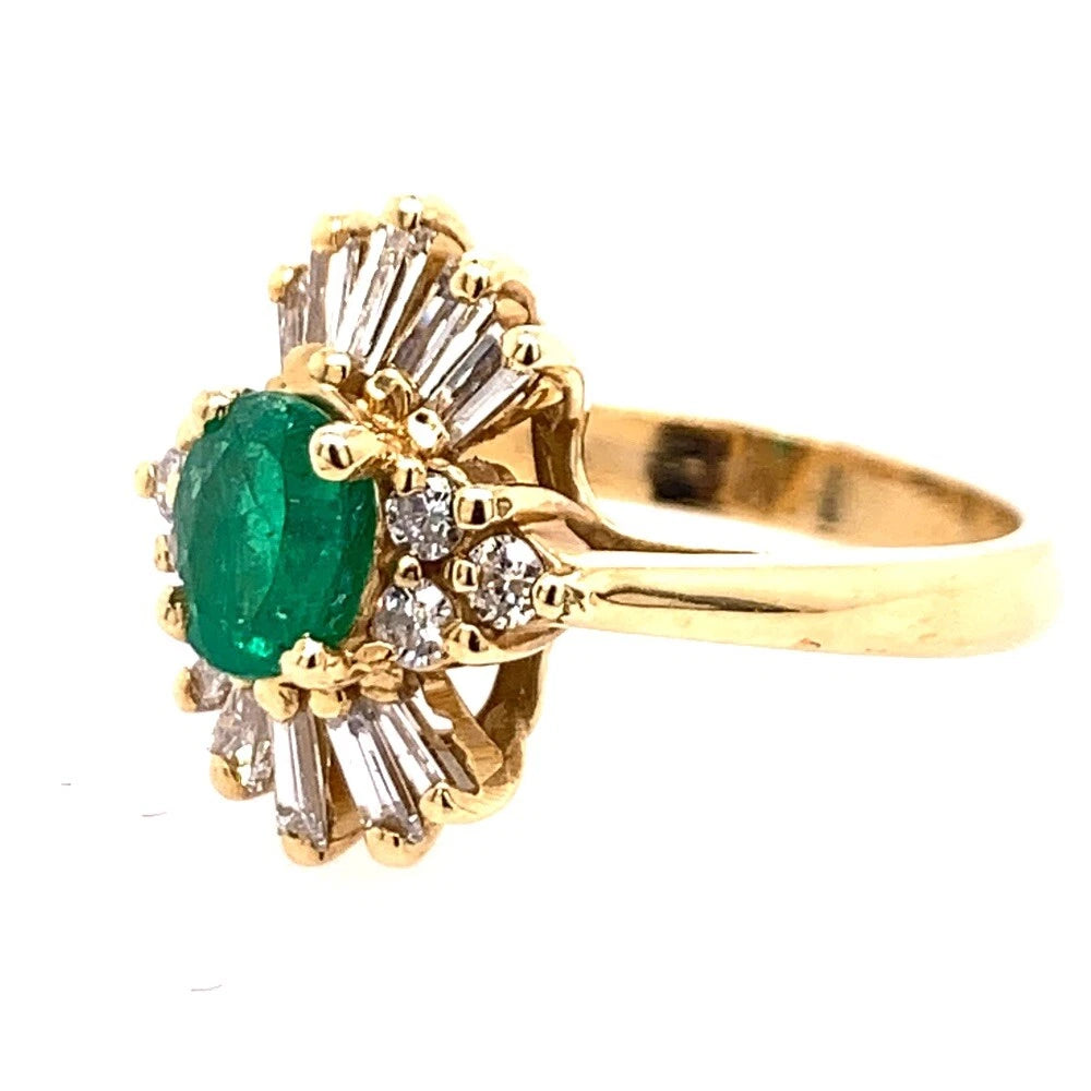 1.30 Carat Retro Gold Ring Natural Oval Green Emerald Gemstone & Diamond 1980